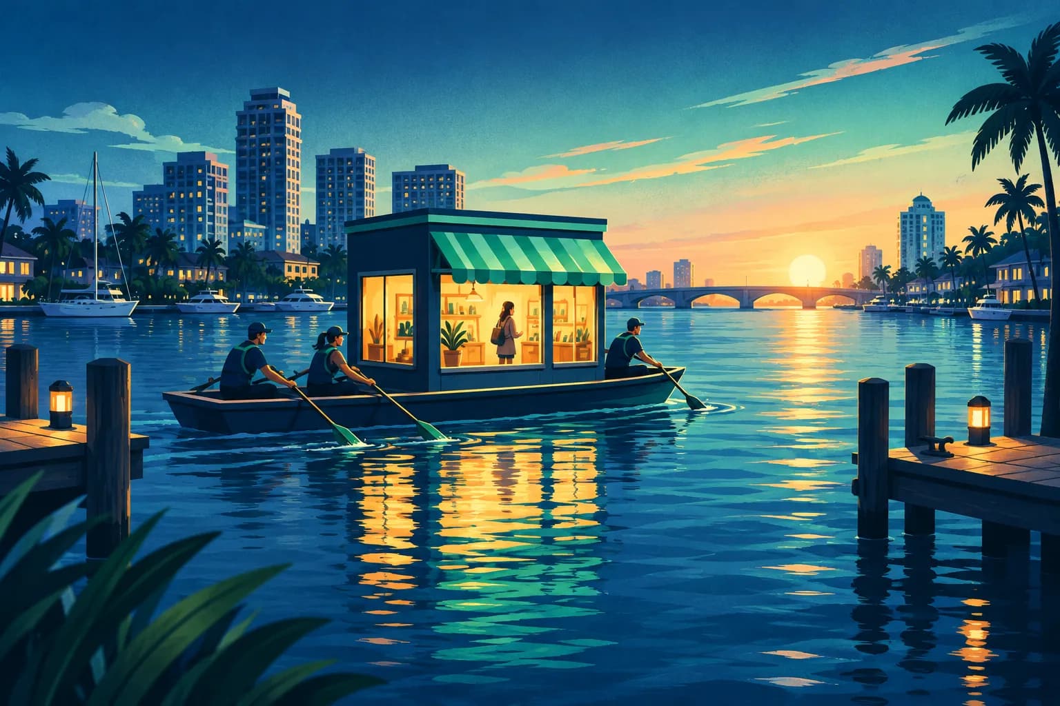 An illustrated dawn scene on the Intracoastal Waterway in West Palm Beach where a small crew rows a glowing miniature storefront, its windows still lit and a customer still browsing inside, across the water from one dock to another, with no text or logos anywhere.