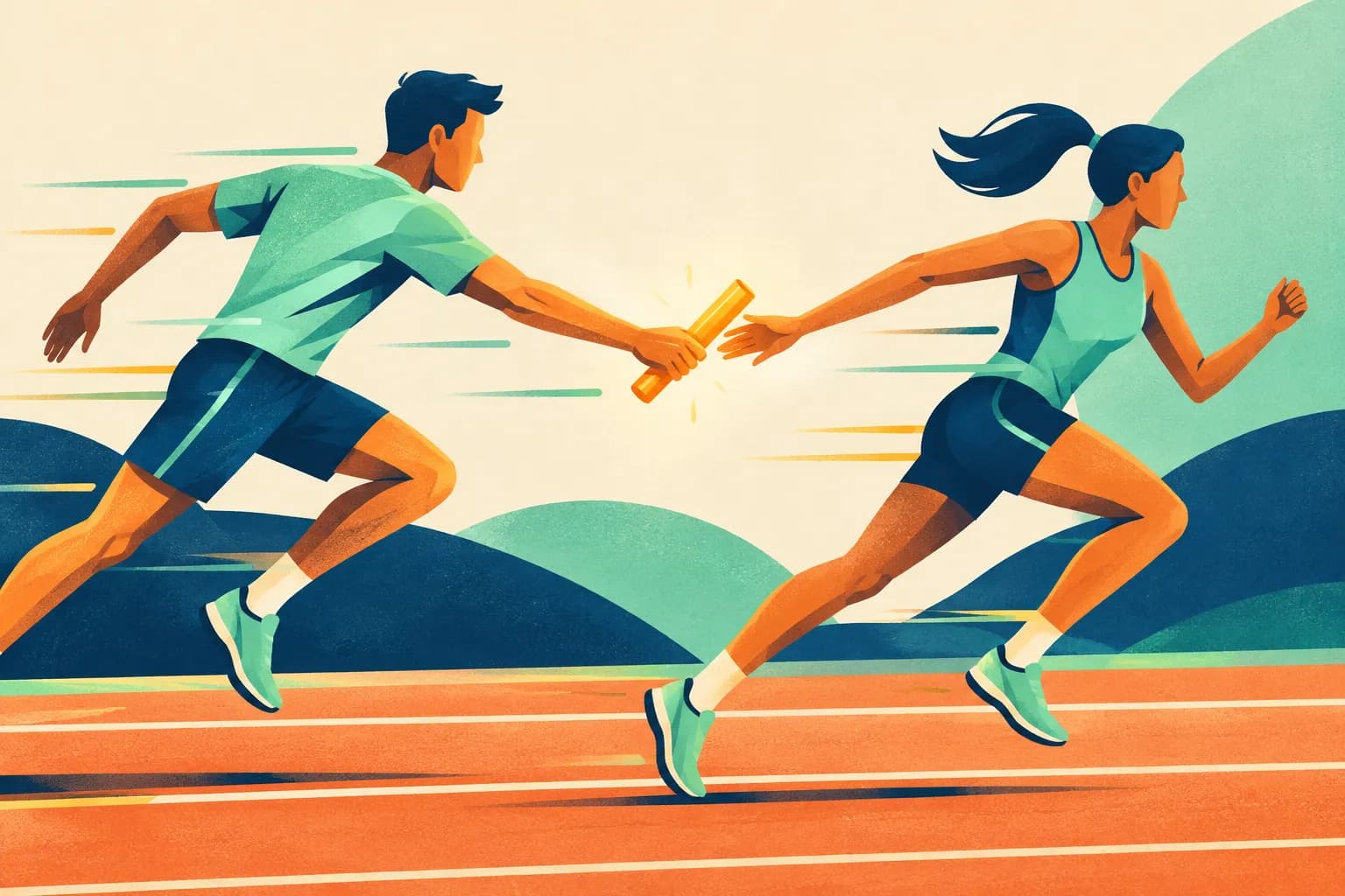 A relay runner passing a glowing baton to a second runner mid-stride on a track
