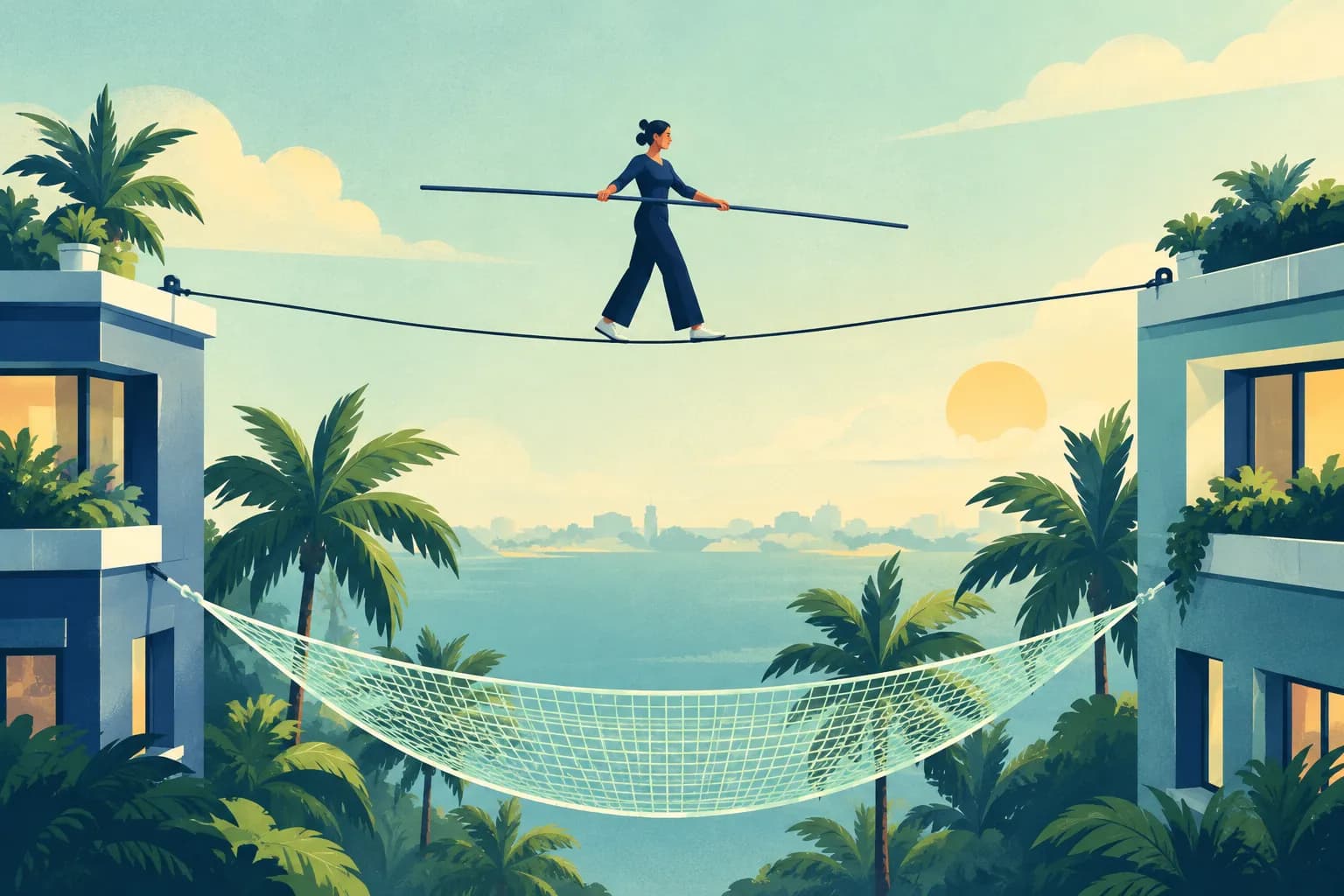 A safety net stretched beneath a tightrope walker crossing between two buildings