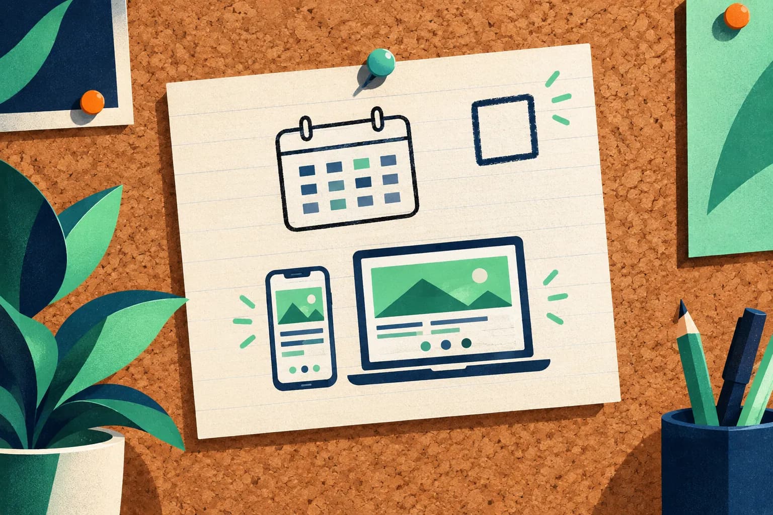 A single feature card sketched with a checkbox beside it and a tiny phone and laptop showing the same screen