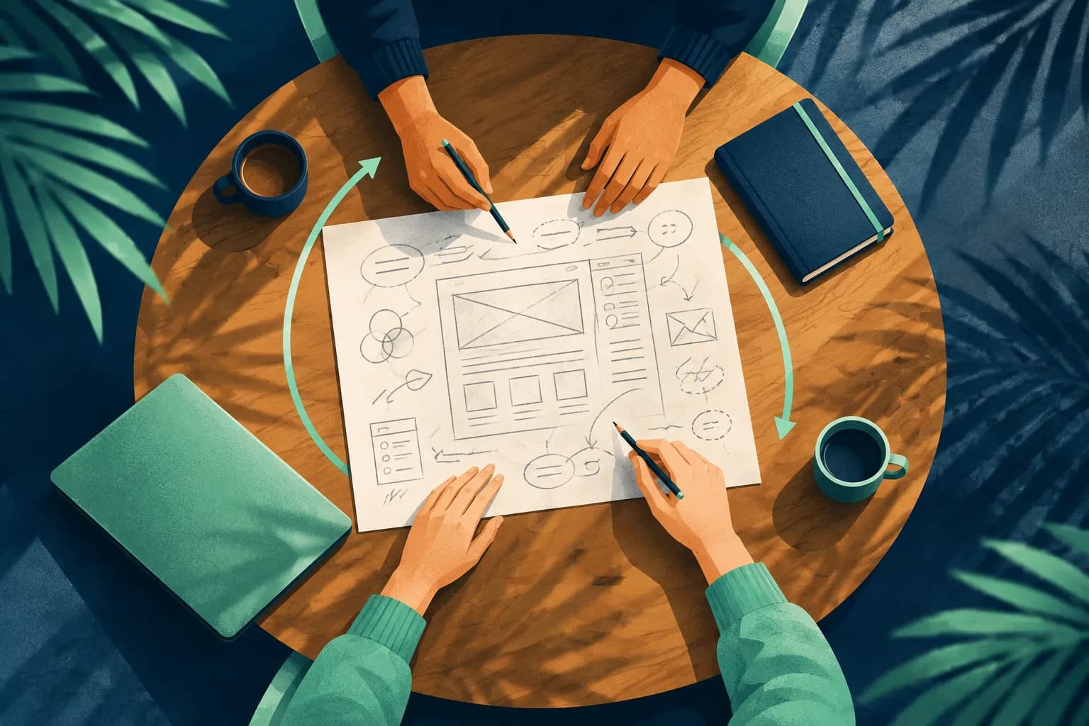 Two people at a table passing a single marked-up blueprint back and forth, with arrows showing it circling between them