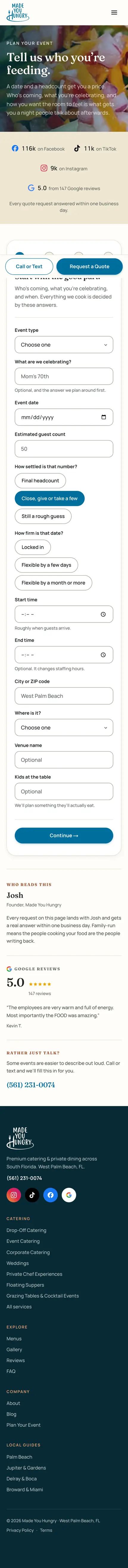 Full-page screenshot of the rebuilt Contact → Plan Your Event page