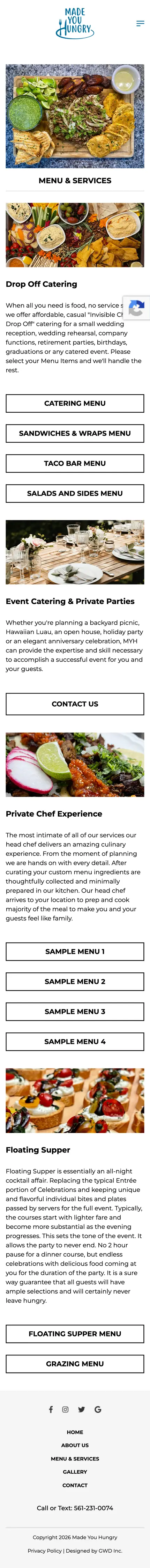 Full-page screenshot of the old WordPress Menu & Services → Catering page